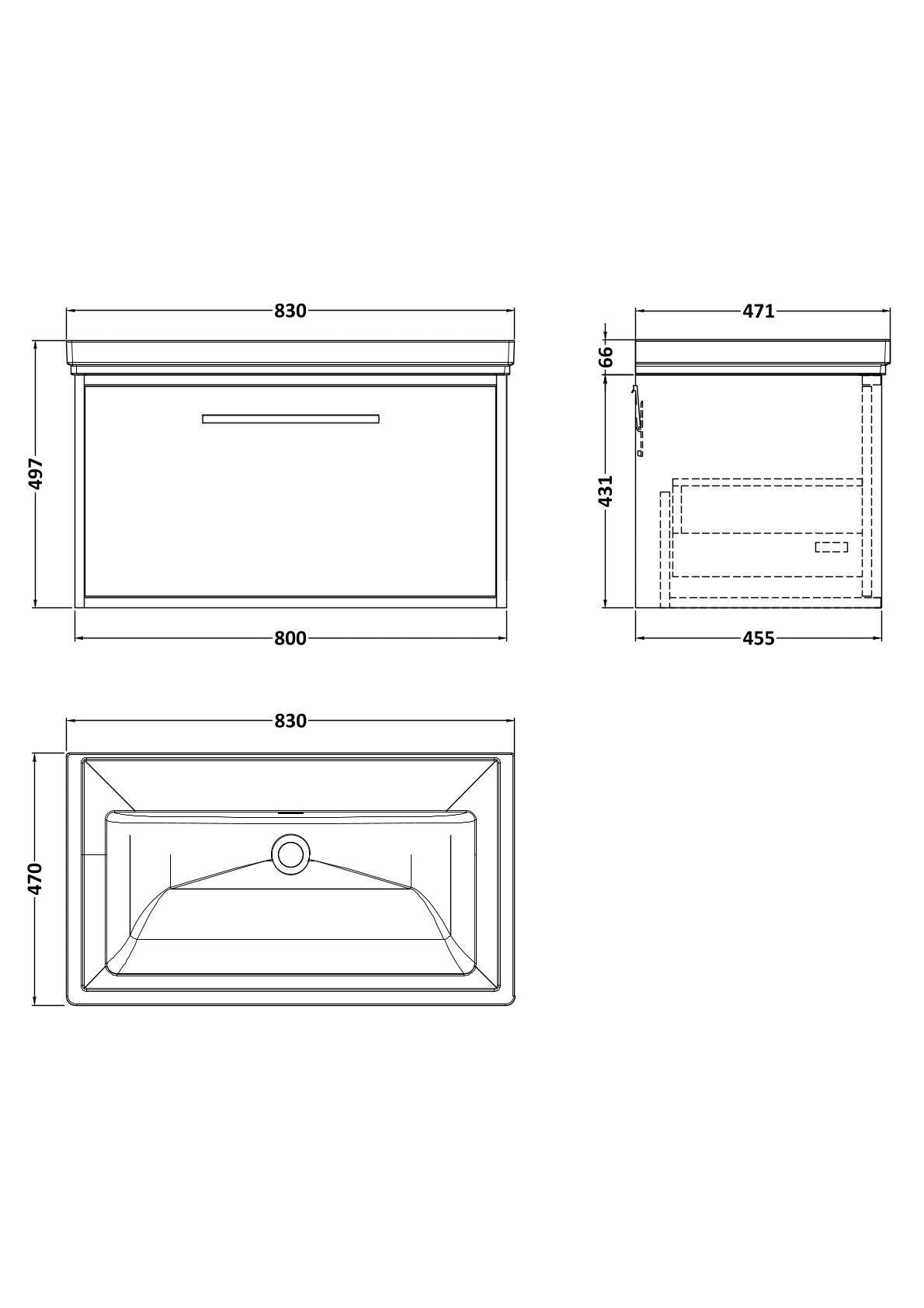 [BFRS1896H] Sturbridge Contemporary Wall Hung 1 Drawer Vanity Unit with Traditional 0 Tap Hole Fireclay Basin - Choice of Size and Colour - Technical Drawing