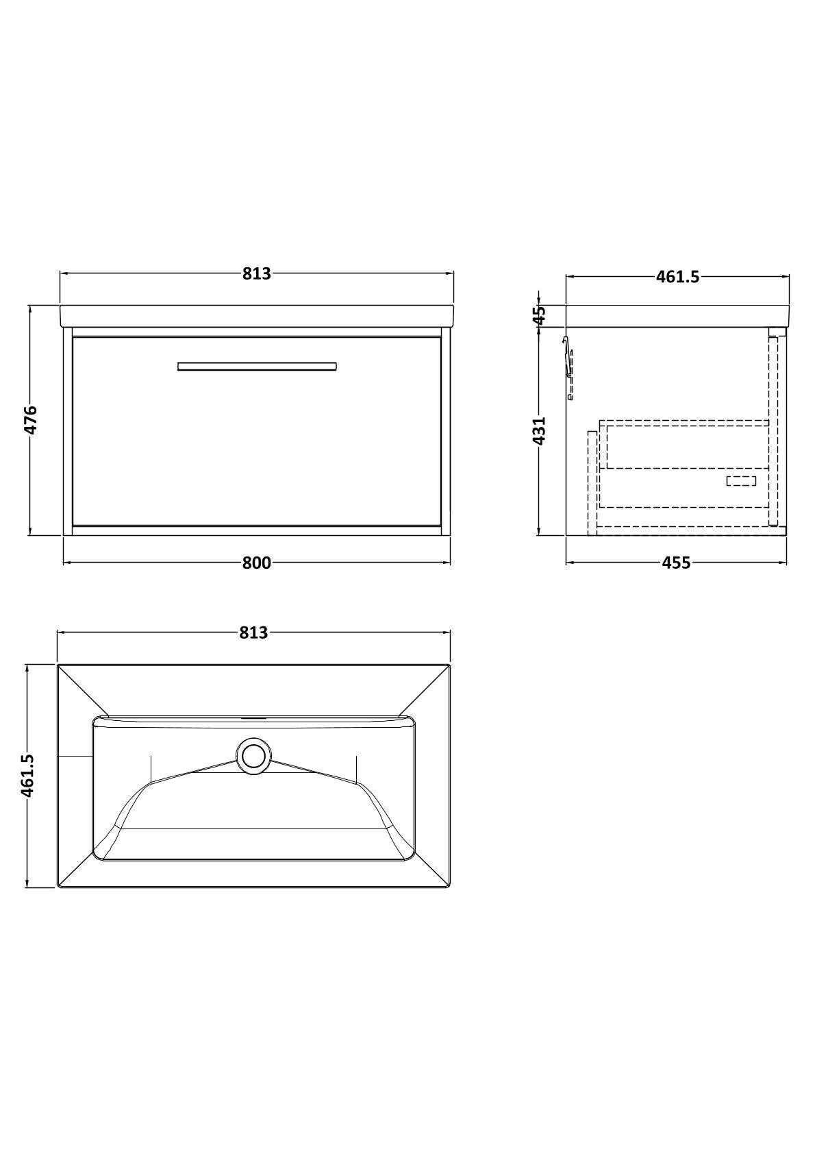 [BFRS1896K] Sturbridge Contemporary Wall Hung 1 Drawer Vanity Unit with 0 Tap Hole Fireclay Basin - Choice of Size and Colour - Technical Drawing