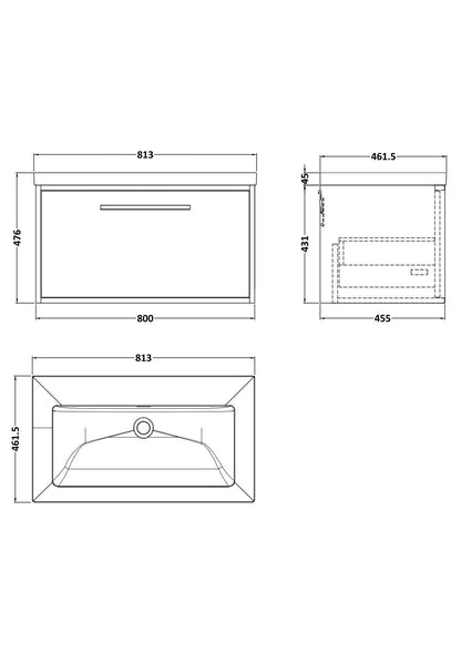 [BFRS1896K] Sturbridge Contemporary Wall Hung 1 Drawer Vanity Unit with 0 Tap Hole Fireclay Basin - Choice of Size and Colour - Technical Drawing
