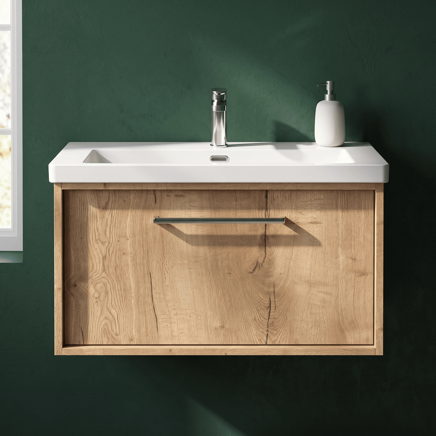 [BFRS1896L] Sturbridge Contemporary Wall Hung 1 Drawer Vanity Unit with 1 Tap Hole Contemporary Fireclay Basin - Choice of Size and Colour - Silo