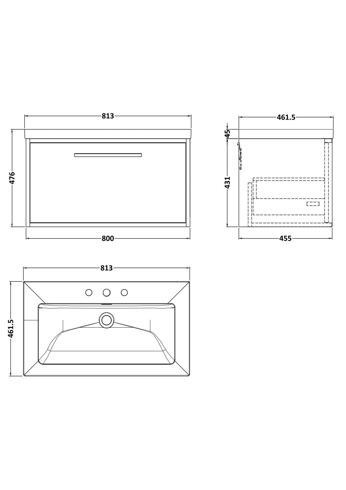 [BFRS1896M] Sturbridge Contemporary Wall Hung 1 Drawer Vanity Unit with 3 Tap Hole Fireclay Basin - Choice of Size and Colour - Technical Drawing