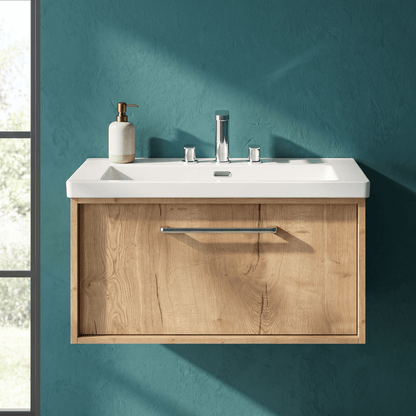 [BFRS1896M] Sturbridge Contemporary Wall Hung 1 Drawer Vanity Unit with 3 Tap Hole Fireclay Basin - Choice of Size and Colour - Silo