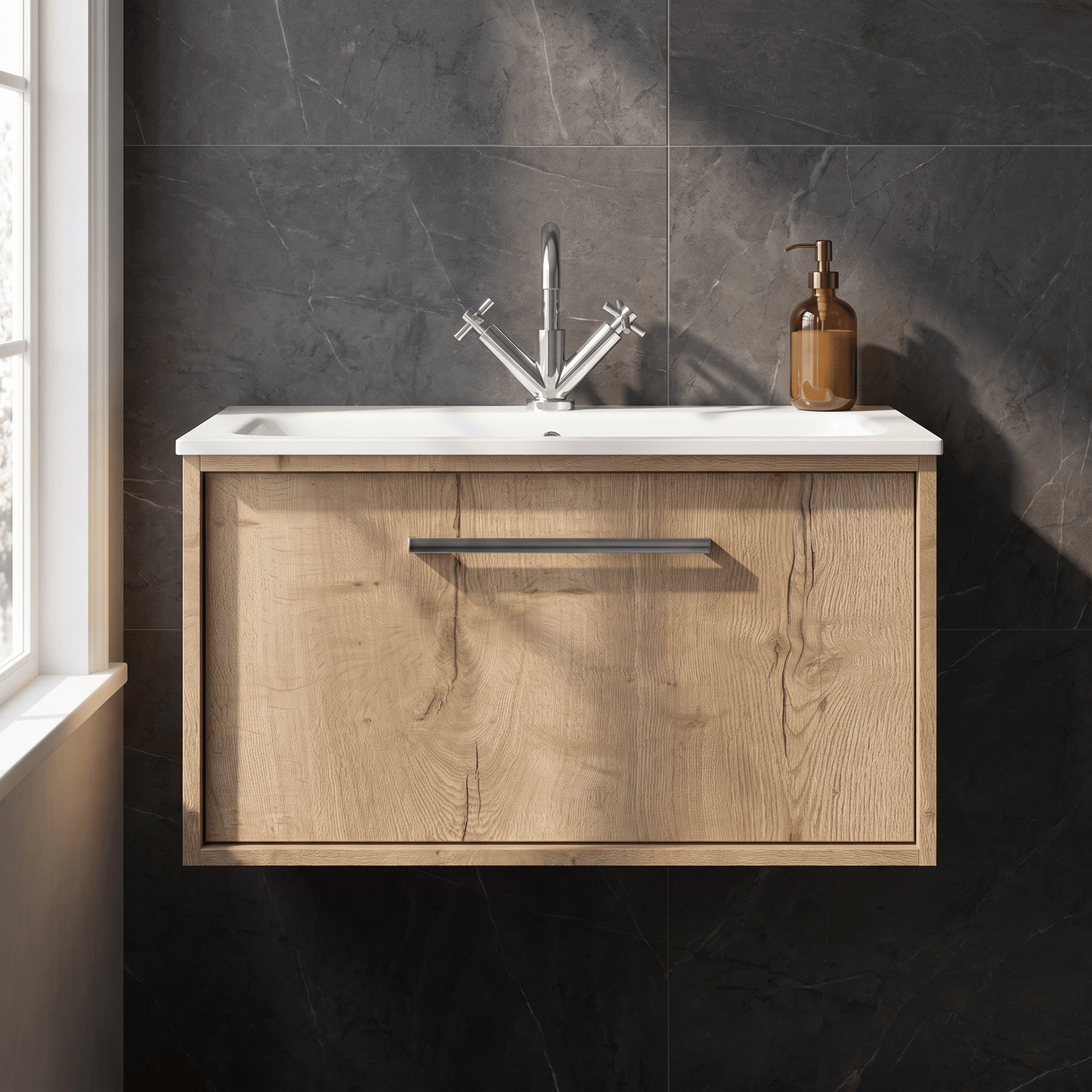 [BFRS1896P] Sturbridge Contemporary Wall Hung 1 Drawer Vanity Unit with Stone Basin - Choice of Size and Colour - Silo