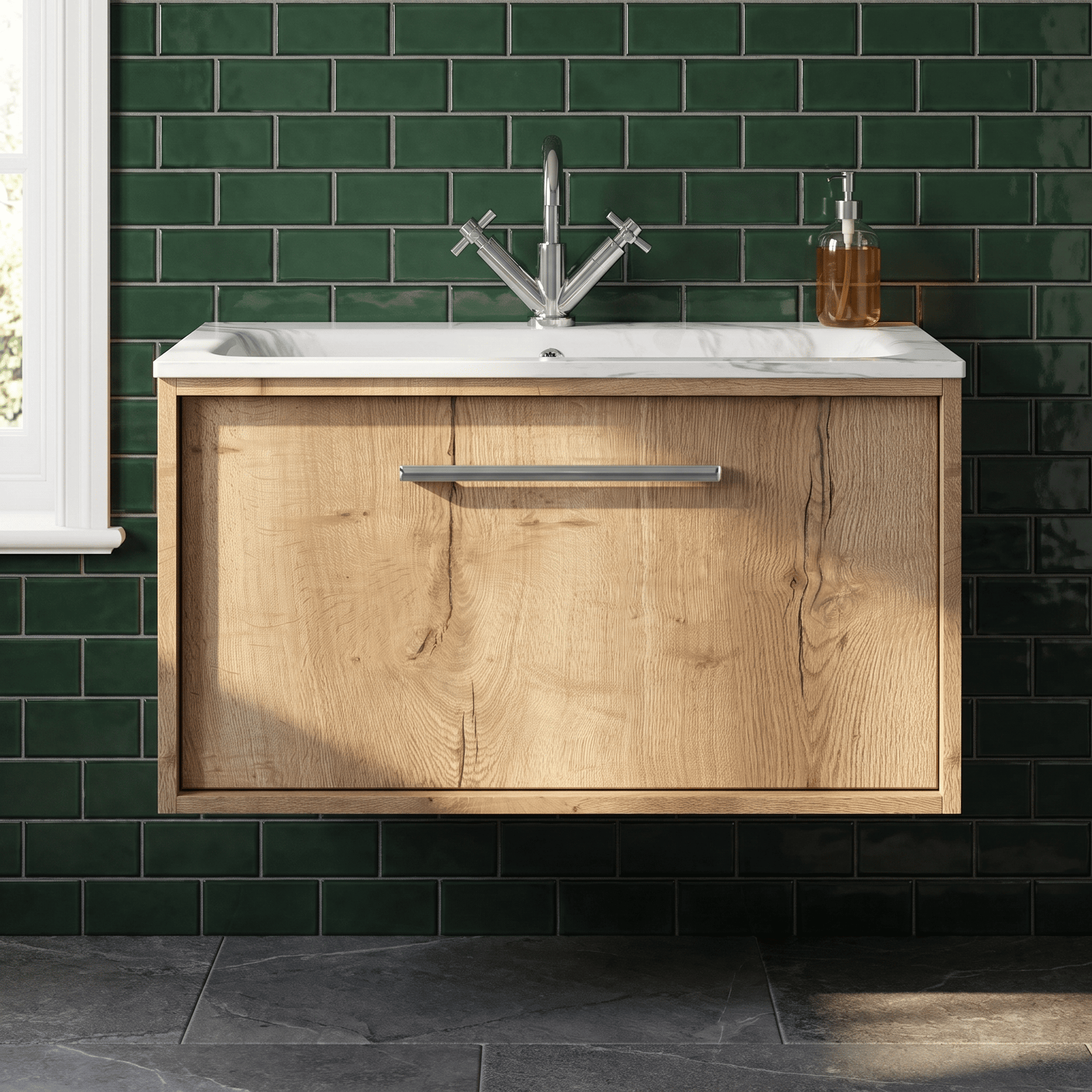 [BFRS1896Q] Sturbridge Contemporary Wall Hung 1 Drawer Vanity Unit with Carrera Marble Stone Basin - Choice of Size and Colour - Silo