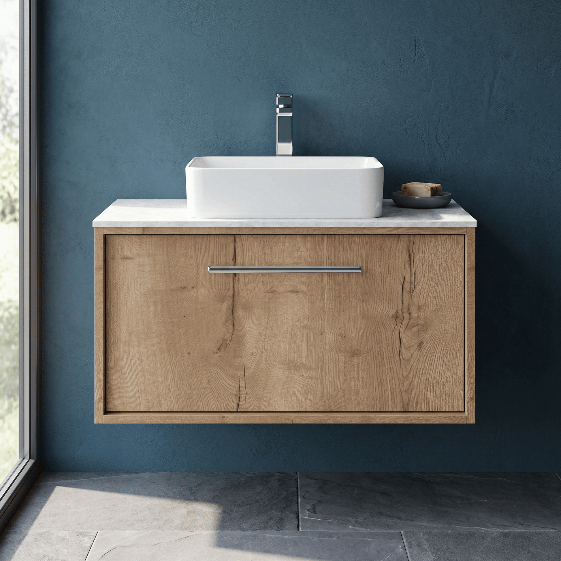 [BFRS1896WMT] Sturbridge Contemporary Wall Hung 1 Drawer Vanity Unit with White Marble Top - Choice of Size and Colour - Silo