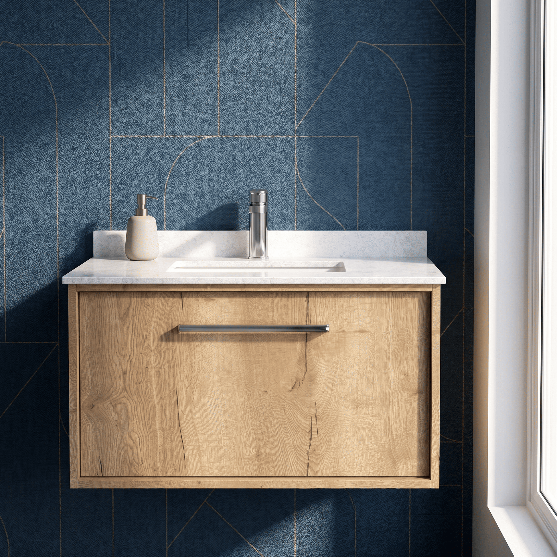 [BFRS1896WS1] Sturbridge Contemporary Wall Hung 1 Drawer Vanity Unit with Marble Top and Basin - Choice of Size and Colour - Silo