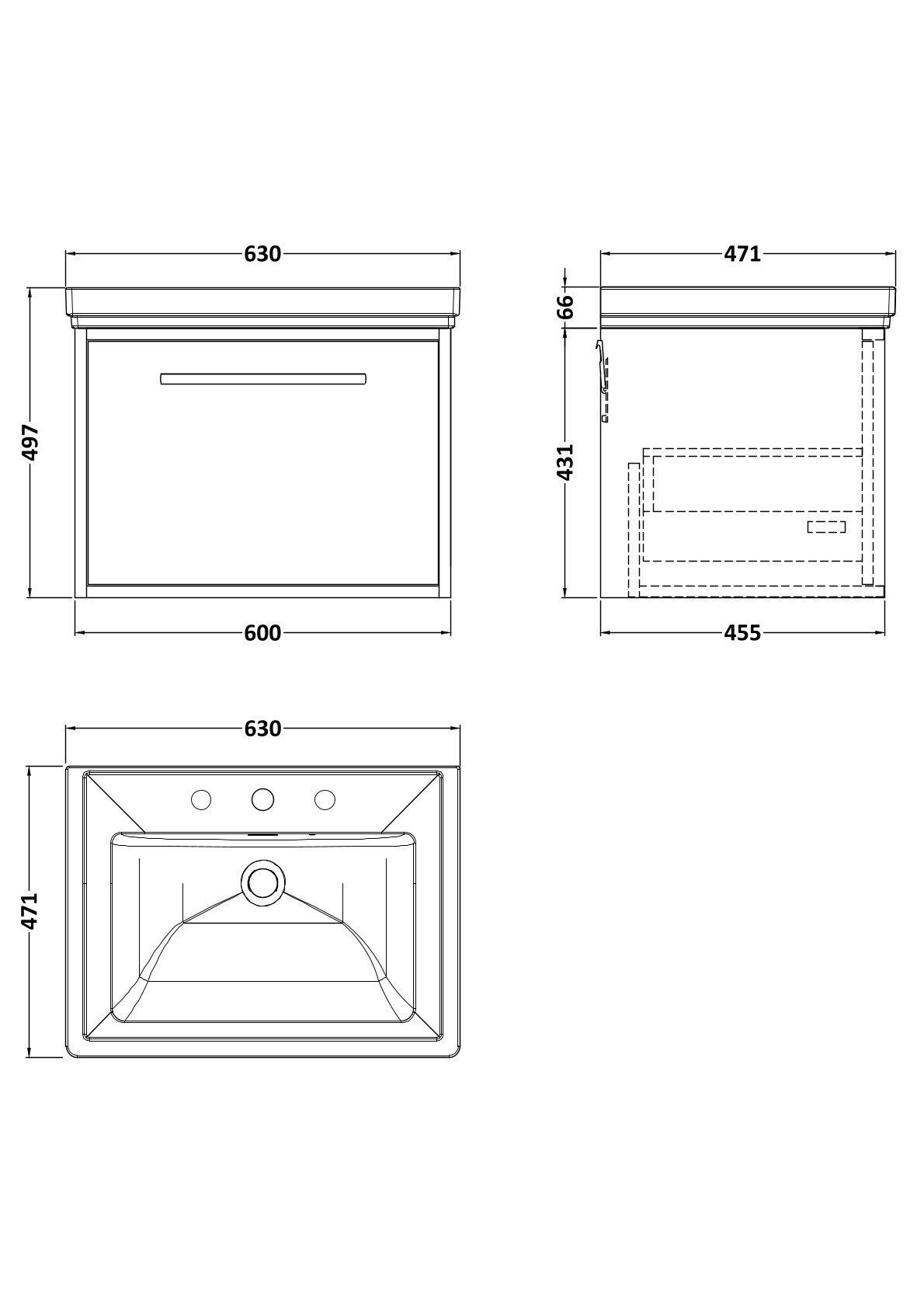 [BFRS2294B] Sturbridge Contemporary Wall Hung 1 Drawer Vanity Unit with Traditional 3 Tap Hole Fireclay Basin - Choice of Size and Colour - Technical Drawing