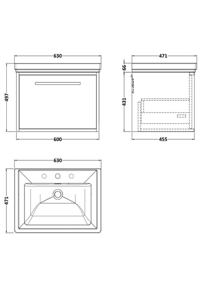 [BFRS2294B] Sturbridge Contemporary Wall Hung 1 Drawer Vanity Unit with Traditional 3 Tap Hole Fireclay Basin - Choice of Size and Colour - Technical Drawing
