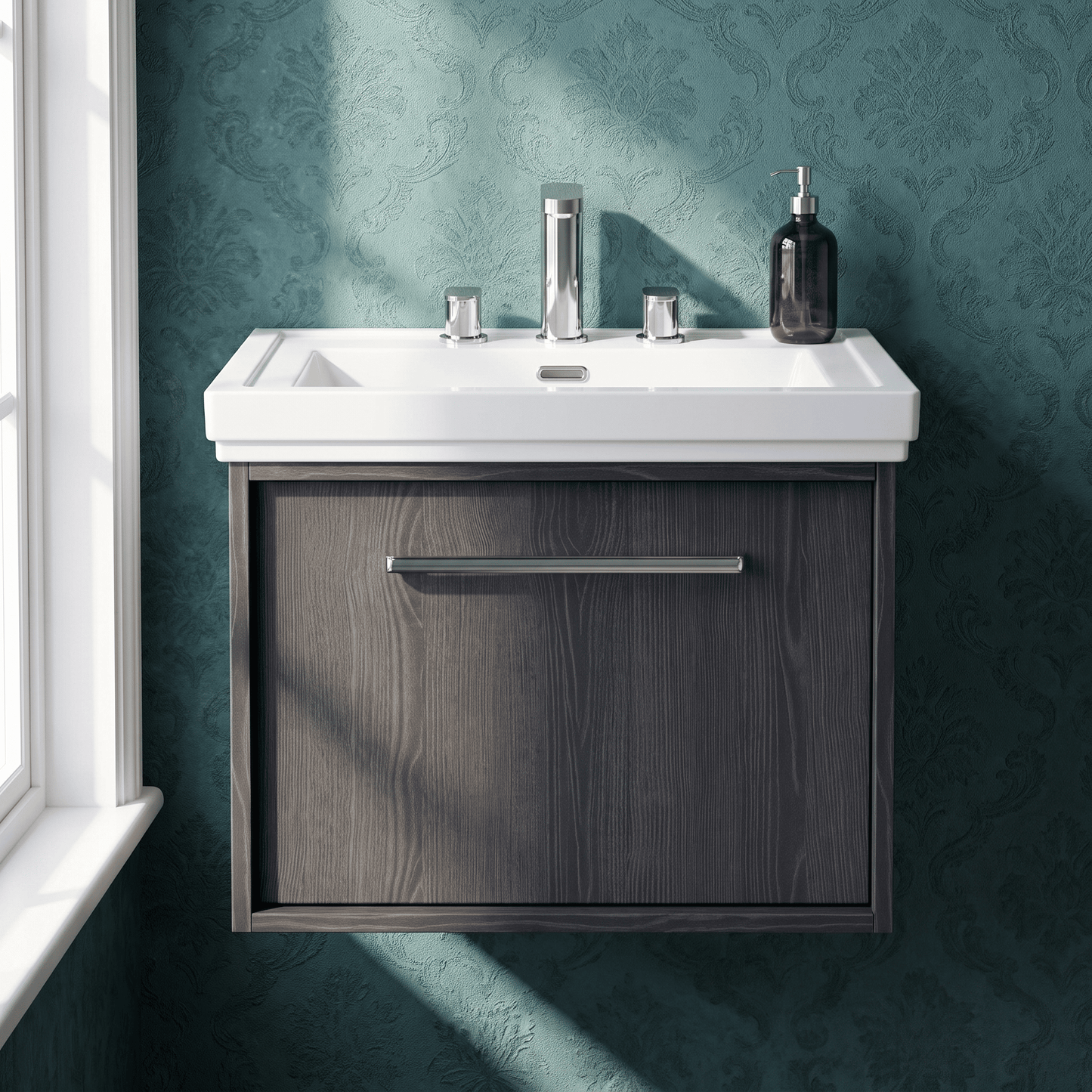[BFRS2294B] Sturbridge Contemporary Wall Hung 1 Drawer Vanity Unit with Traditional 3 Tap Hole Fireclay Basin - Choice of Size and Colour - Silo