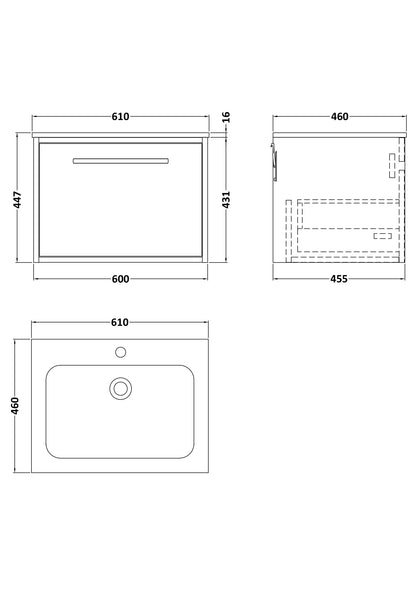 [BFRS2294P] Sturbridge Contemporary Wall Hung 1 Drawer Vanity Unit with Stone Basin - Choice of Size and Colour - Technical Drawing