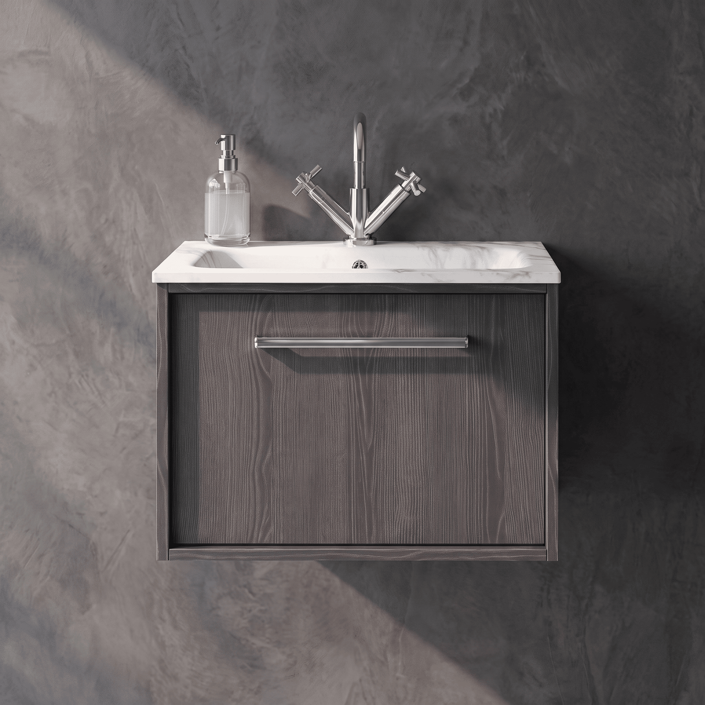 [BFRS2294Q] Sturbridge Contemporary Wall Hung 1 Drawer Vanity Unit with Carrera Marble Stone Basin - Choice of Size and Colour - Silo