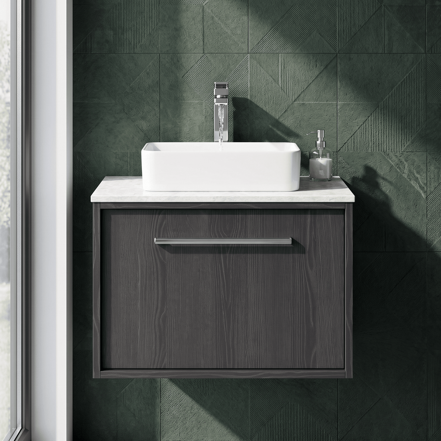 [BFRS2294WMT] Sturbridge Contemporary Wall Hung 1 Drawer Vanity Unit with White Marble Top - Choice of Size and Colour - Silo