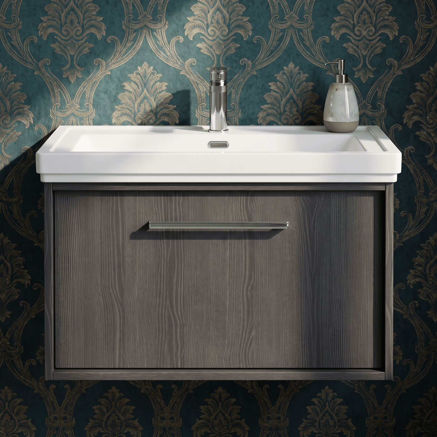 [BFRS2296A] Sturbridge Contemporary Wall Hung 1 Drawer Vanity Unit with Traditional 1 Tap Hole Fireclay Basin - Choice of Size and Colour - Silo