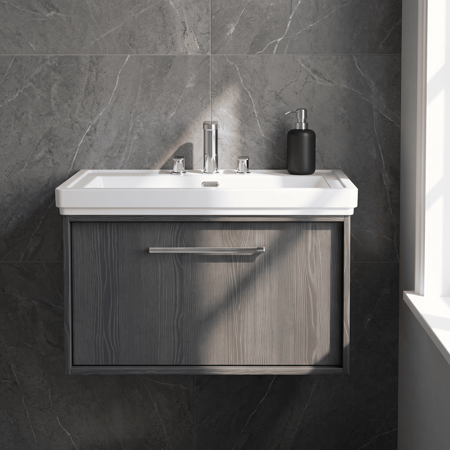 [BFRS2296B] Sturbridge Contemporary Wall Hung 1 Drawer Vanity Unit with Traditional 3 Tap Hole Fireclay Basin - Choice of Size and Colour - Silo