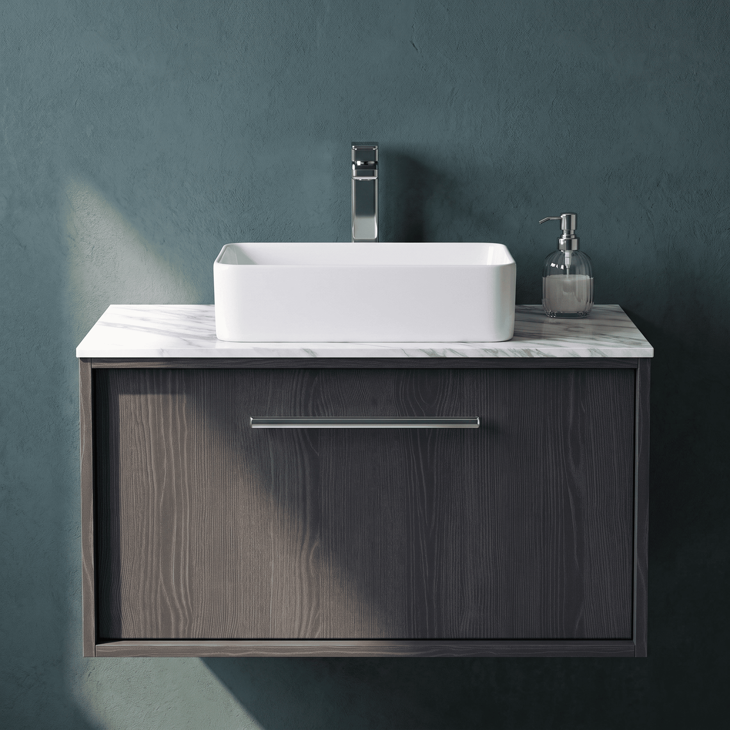 [BFRS2296CMT] Sturbridge Contemporary Wall Hung 1 Drawer Vanity Unit with Carrera Marble Top - Choice of Size and Colour - Silo
