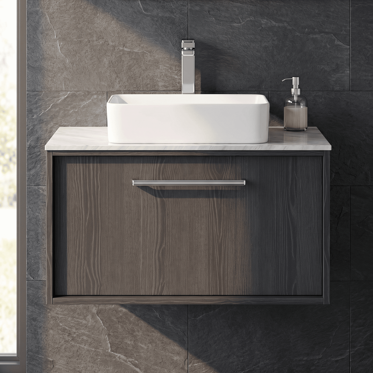 [BFRS2296GMT] Sturbridge Contemporary Wall Hung 1 Drawer Vanity Unit with Grey Marble Top - Choice of Size and Colour - Silo