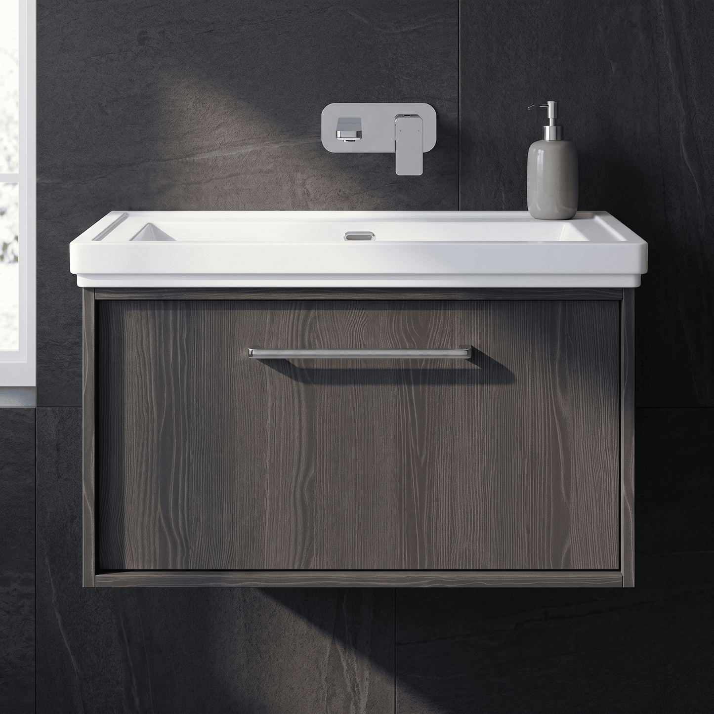 [BFRS2296H] Sturbridge Contemporary Wall Hung 1 Drawer Vanity Unit with Traditional 0 Tap Hole Fireclay Basin - Choice of Size and Colour - Silo