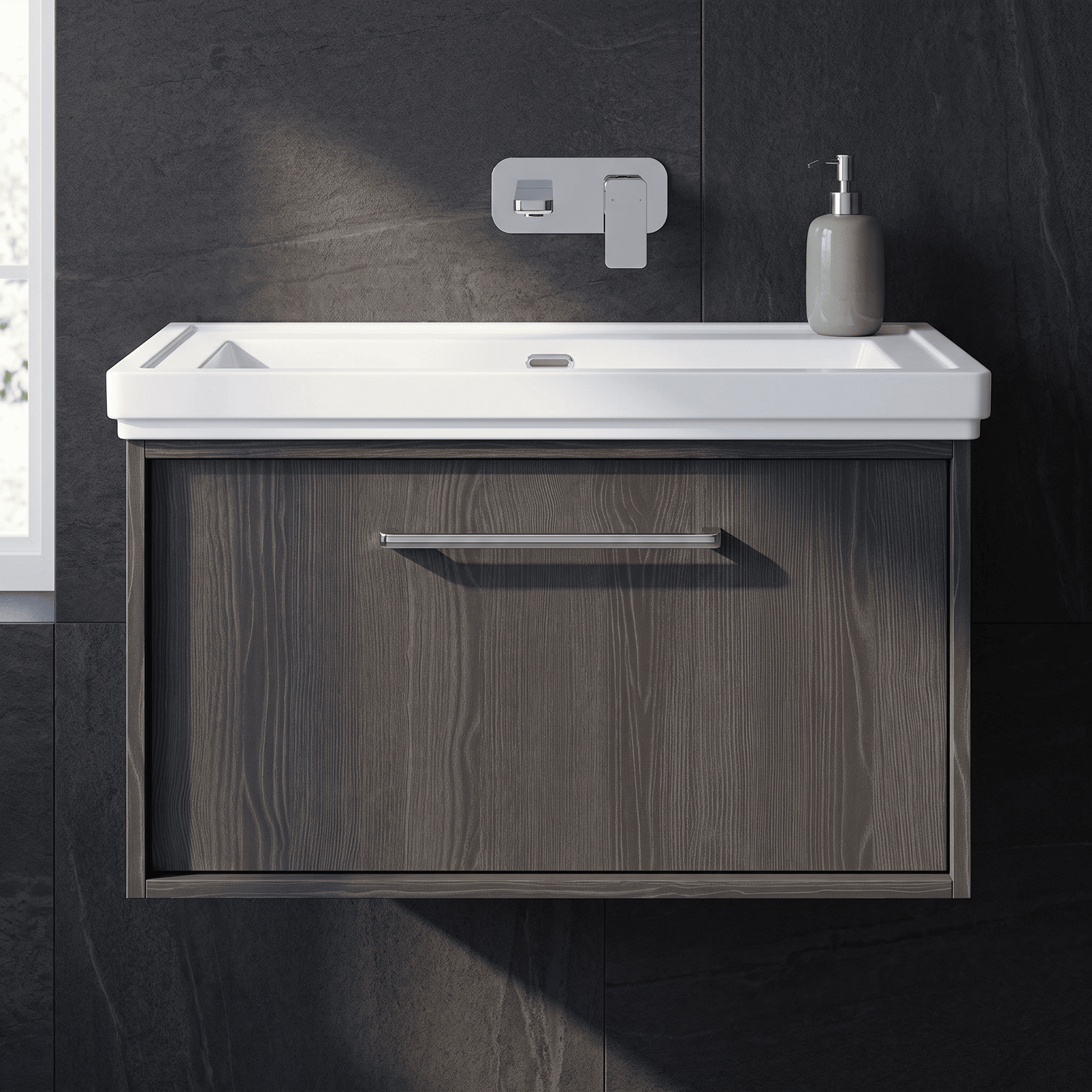 [BFRS2296H] Sturbridge Contemporary Wall Hung 1 Drawer Vanity Unit with Traditional 0 Tap Hole Fireclay Basin - Choice of Size and Colour - Silo