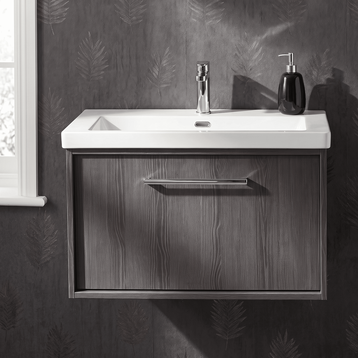 [BFRS2296L] Sturbridge Contemporary Wall Hung 1 Drawer Vanity Unit with 1 Tap Hole Contemporary Fireclay Basin - Choice of Size and Colour - Silo