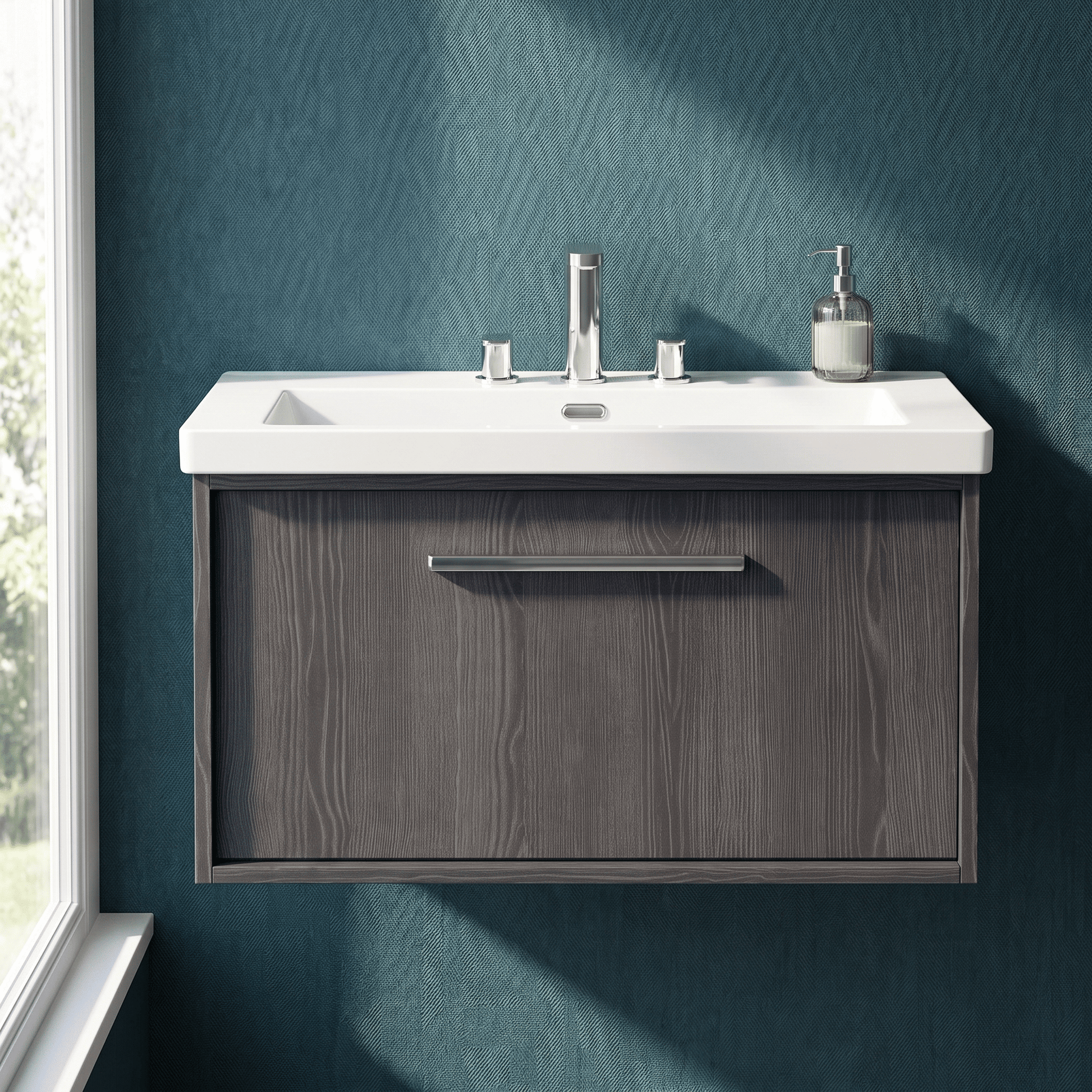 [BFRS2296M] Sturbridge Contemporary Wall Hung 1 Drawer Vanity Unit with 3 Tap Hole Fireclay Basin - Choice of Size and Colour - Silo