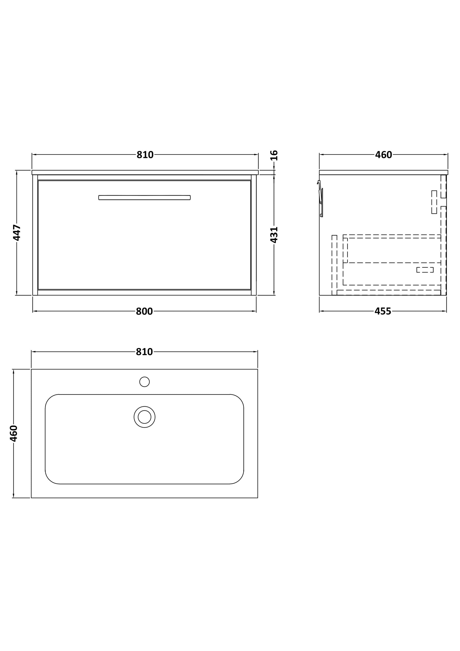 [BFRS2296Q] Sturbridge Contemporary Wall Hung 1 Drawer Vanity Unit with Carrera Marble Stone Basin - Choice of Size and Colour - Technical Drawing