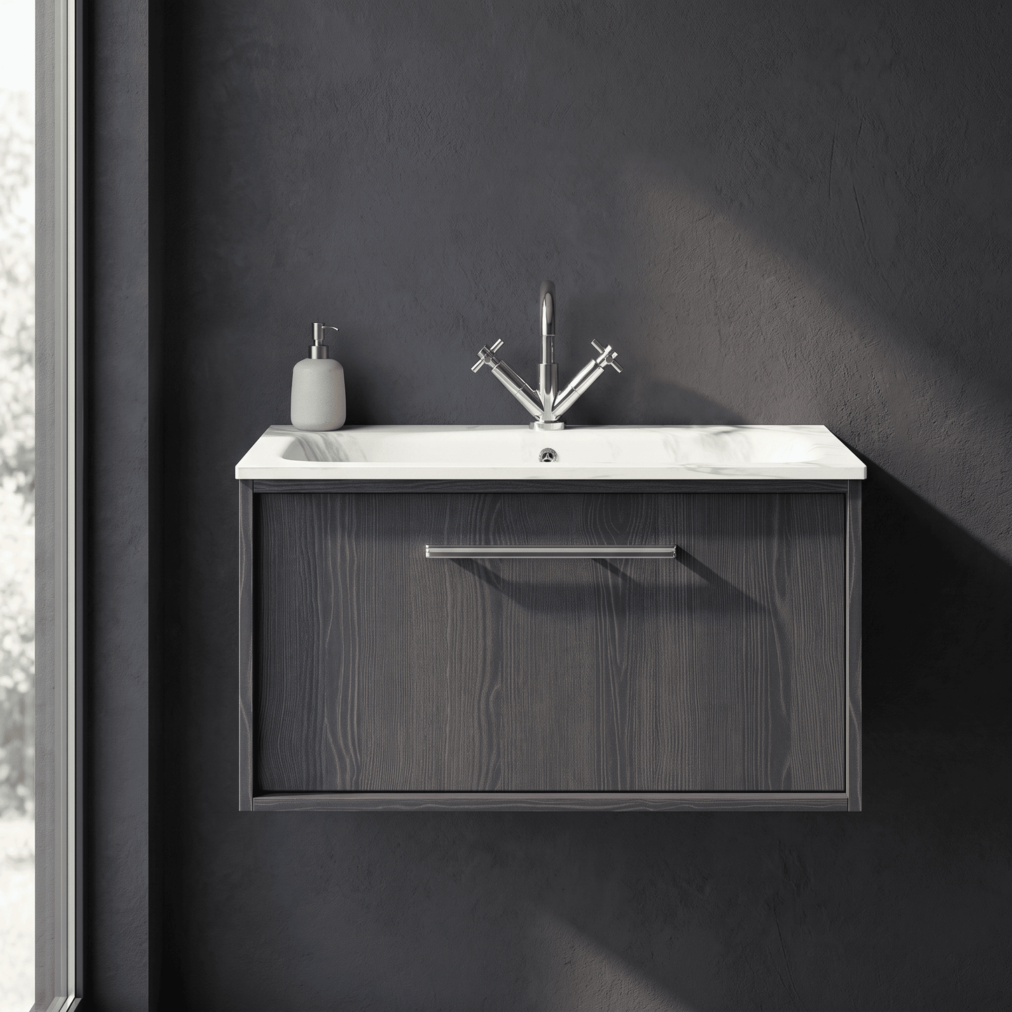 [BFRS2296Q] Sturbridge Contemporary Wall Hung 1 Drawer Vanity Unit with Carrera Marble Stone Basin - Choice of Size and Colour - Silo