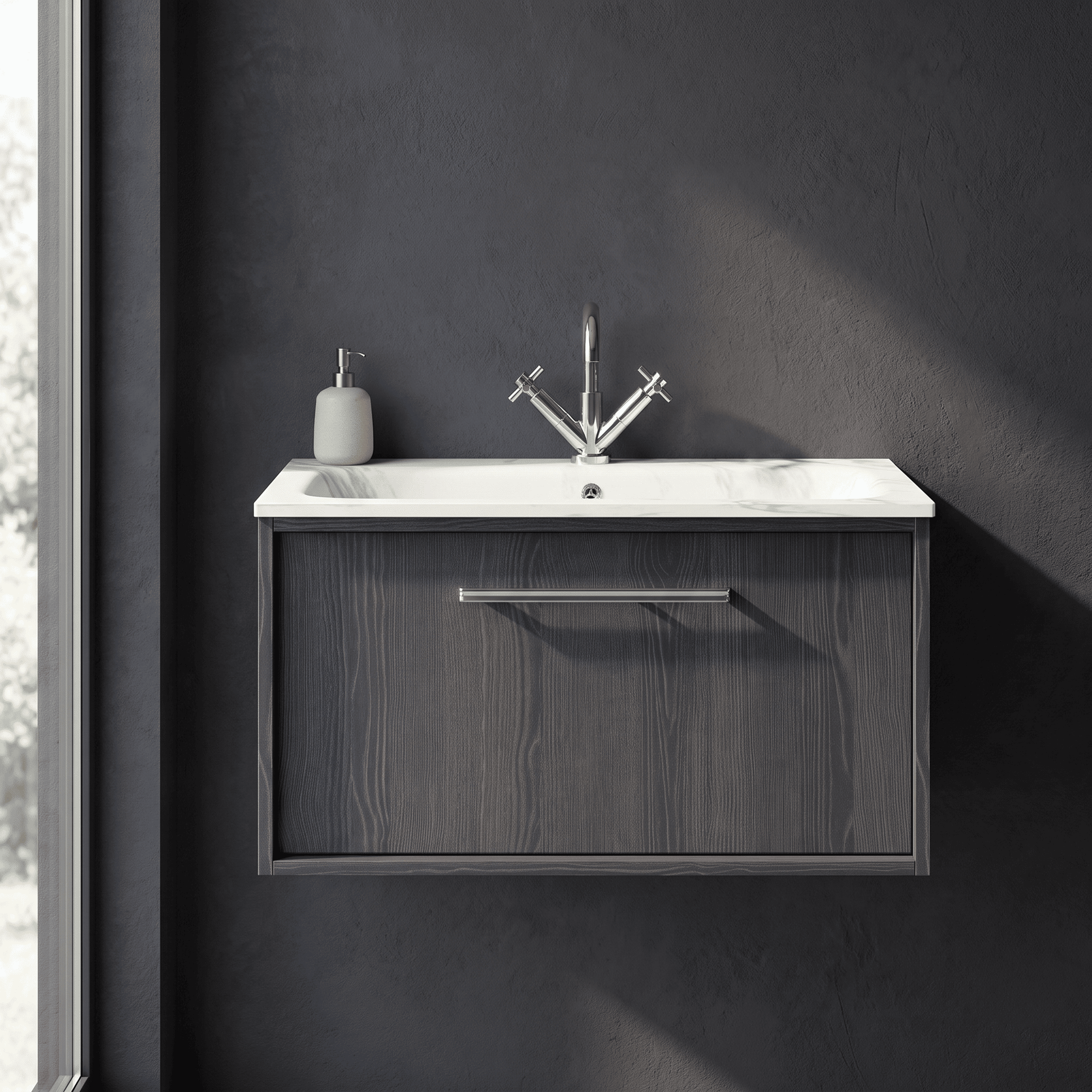 [BFRS2296Q] Sturbridge Contemporary Wall Hung 1 Drawer Vanity Unit with Carrera Marble Stone Basin - Choice of Size and Colour - Silo