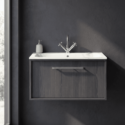 [BFRS2296Q] Sturbridge Contemporary Wall Hung 1 Drawer Vanity Unit with Carrera Marble Stone Basin - Choice of Size and Colour - Silo