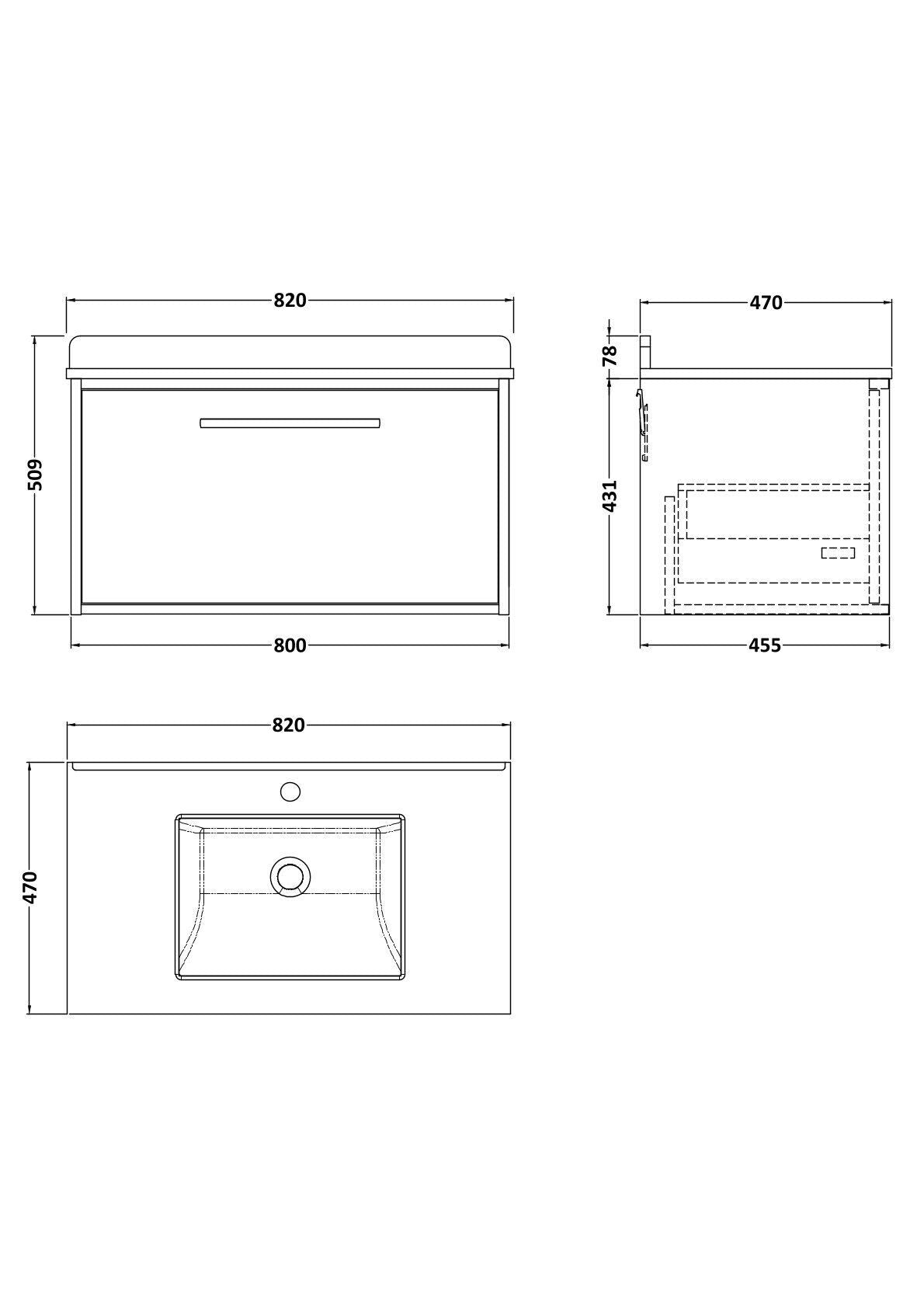 [BFRS2296WS1] Sturbridge Contemporary Wall Hung 1 Drawer Vanity Unit with Marble Top and Basin - Choice of Size and Colour - Technical Drawing