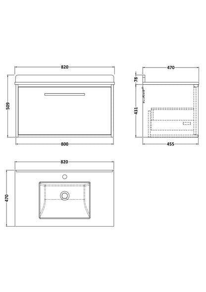 [BFRS2296WS1] Sturbridge Contemporary Wall Hung 1 Drawer Vanity Unit with Marble Top and Basin - Choice of Size and Colour - Technical Drawing
