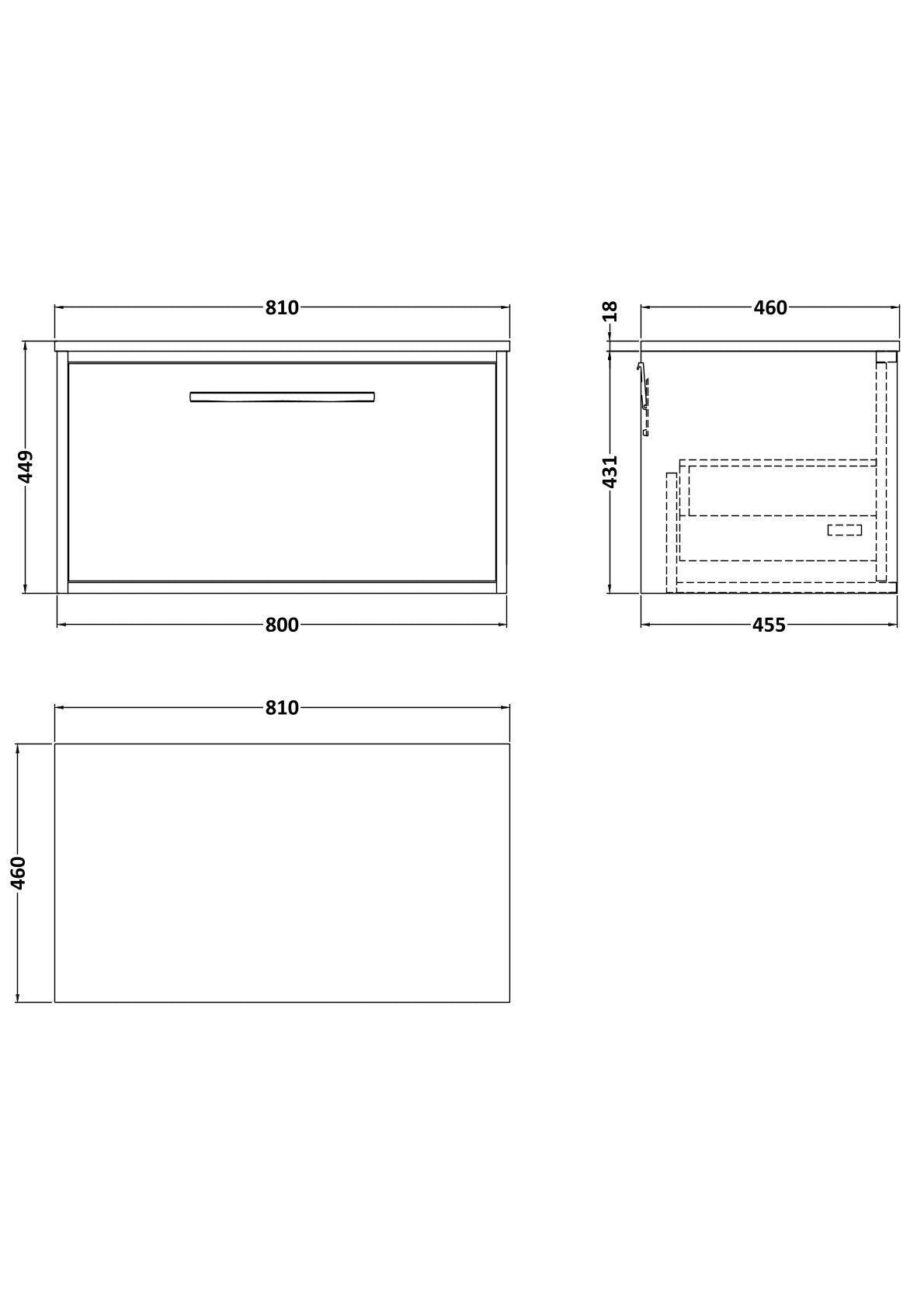 [BFRS2296W] Sturbridge Contemporary Wall Hung 1 Drawer Vanity Unit with Laminate Worktop - Choice of Size and Colour - Technical Drawing