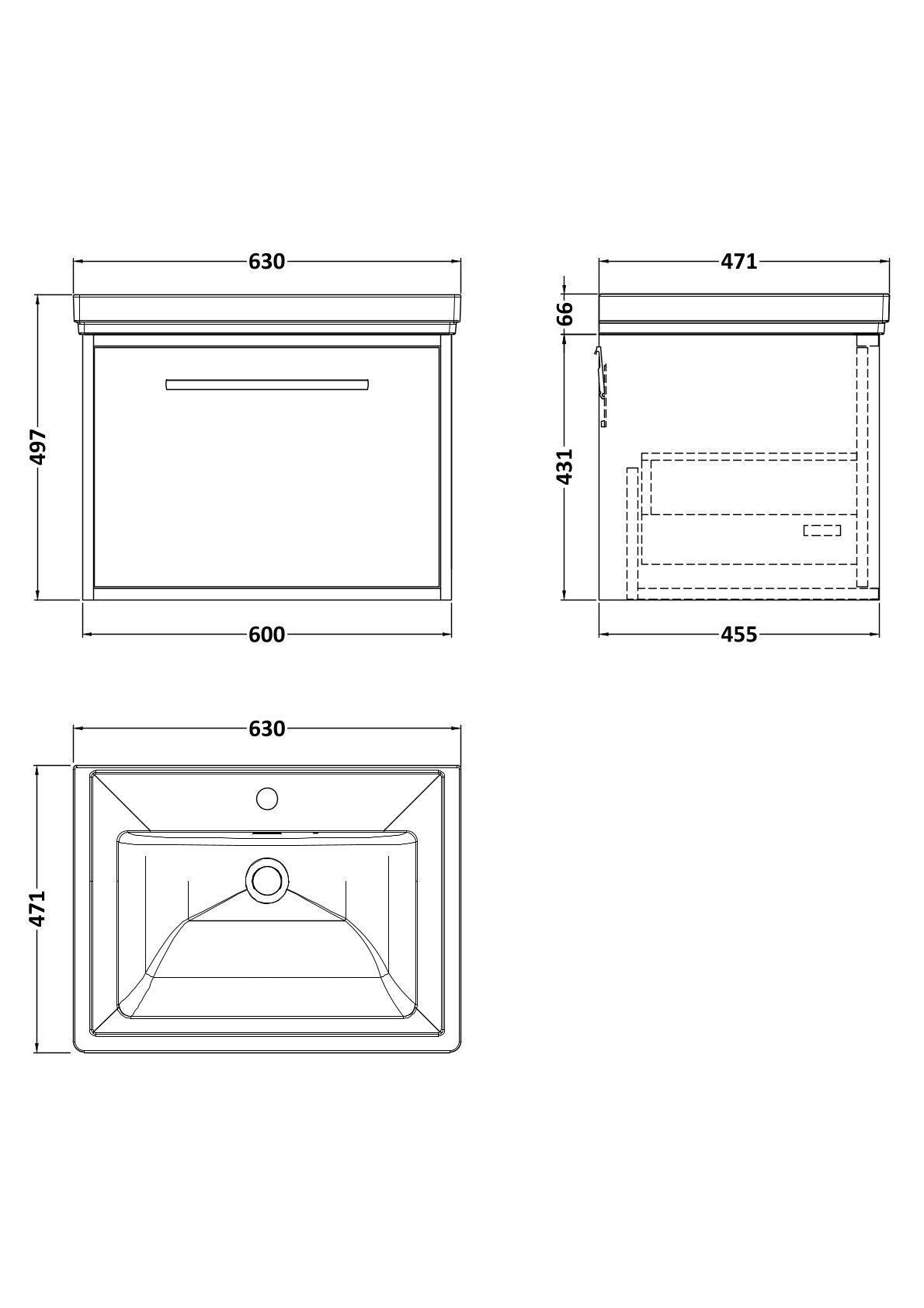 [BFRS3094A] Sturbridge Contemporary Wall Hung 1 Drawer Vanity Unit with Traditional 1 Tap Hole Fireclay Basin - Choice of Size and Colour - Technical Drawing