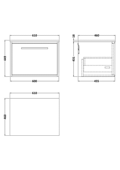 [BFRS3094CMT] Sturbridge Contemporary Wall Hung 1 Drawer Vanity Unit with Carrera Marble Top - Choice of Size and Colour - Technical Drawing