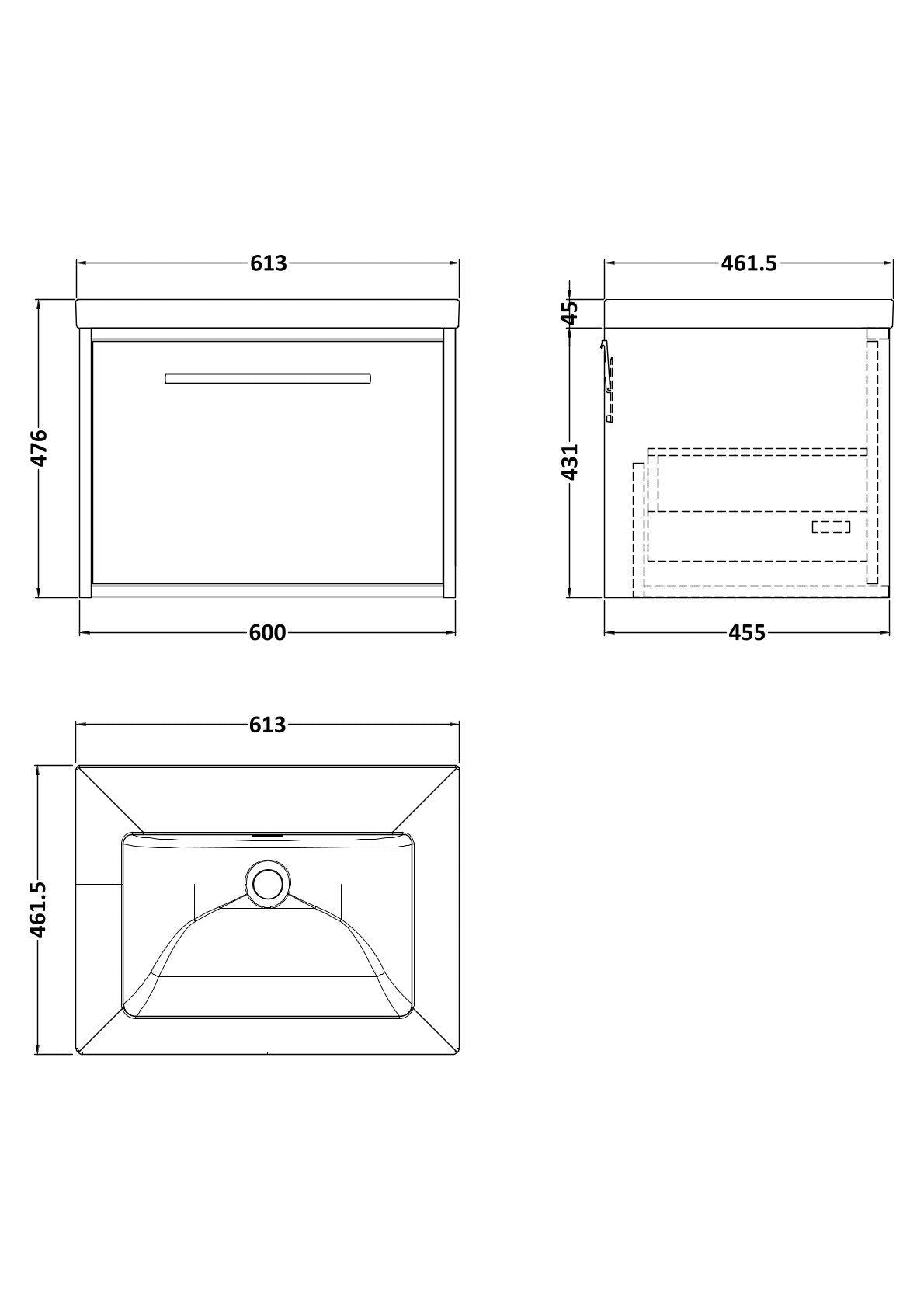 [BFRS3094K] Sturbridge Contemporary Wall Hung 1 Drawer Vanity Unit with 0 Tap Hole Fireclay Basin - Choice of Size and Colour - Technical Drawing