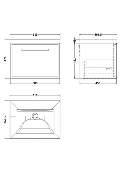 [BFRS3094K] Sturbridge Contemporary Wall Hung 1 Drawer Vanity Unit with 0 Tap Hole Fireclay Basin - Choice of Size and Colour - Technical Drawing
