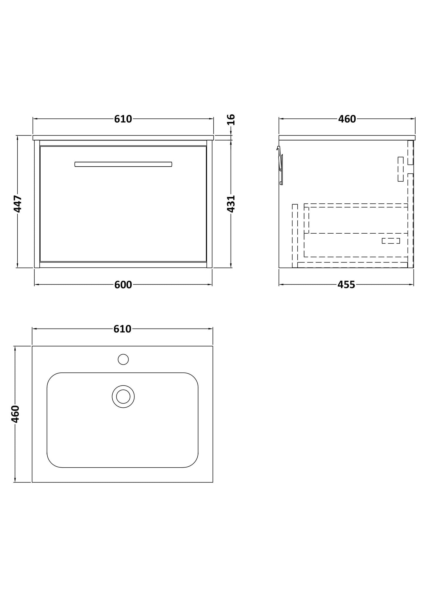 [BFRS3094P] Sturbridge Contemporary Wall Hung 1 Drawer Vanity Unit with Stone Basin - Choice of Size and Colour - Technical Drawing