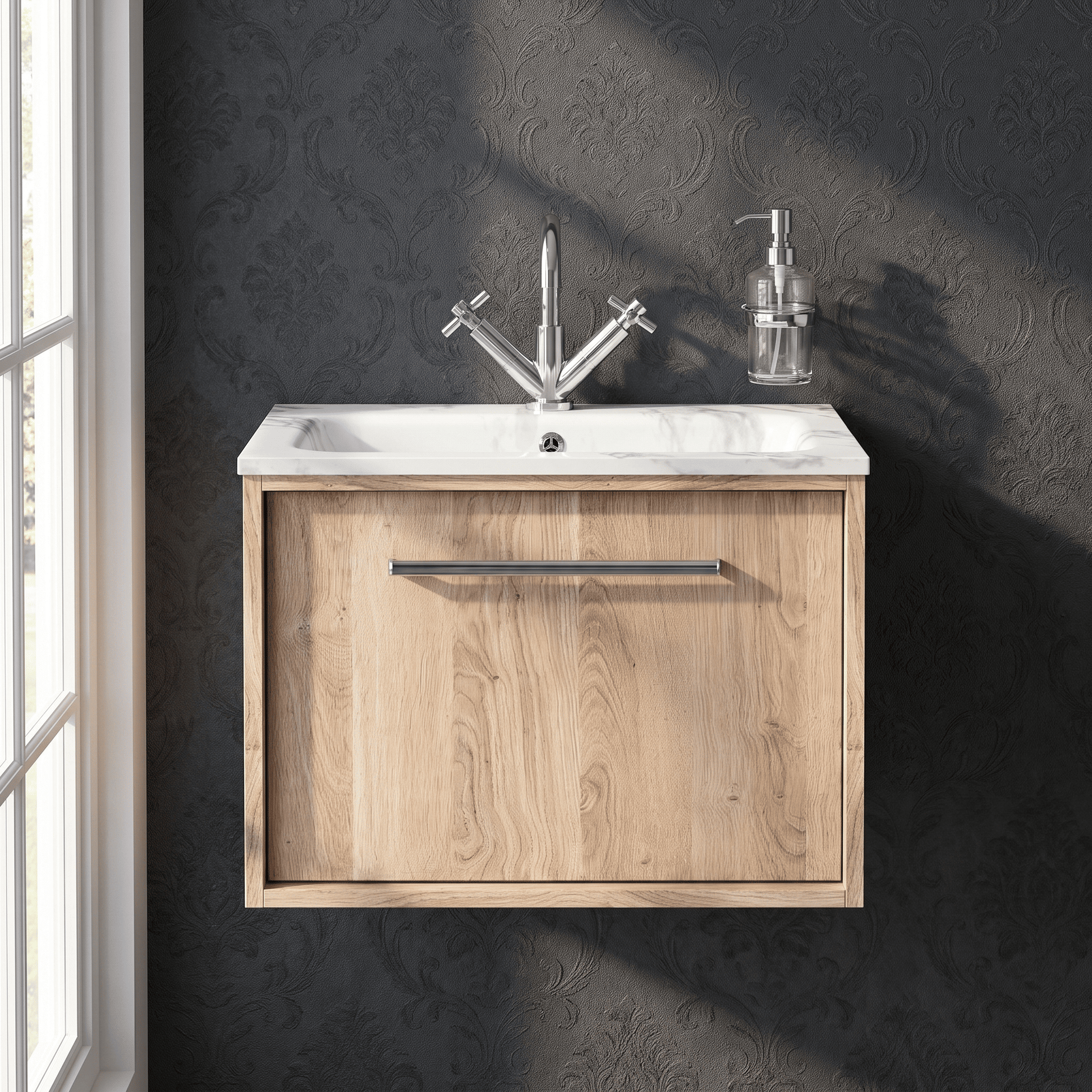 [BFRS3094Q] Sturbridge Contemporary Wall Hung 1 Drawer Vanity Unit with Carrera Marble Stone Basin - Choice of Size and Colour - Silo