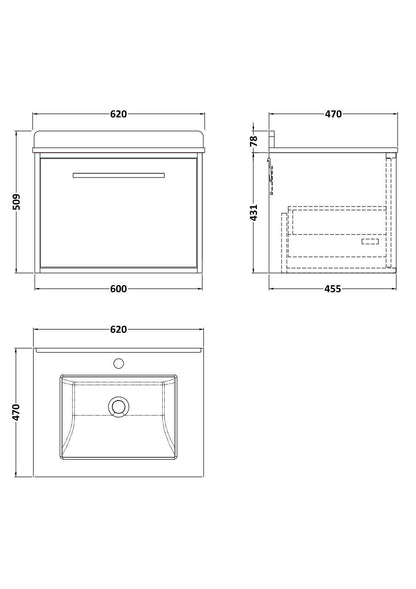 [BFRS3094WS1] Sturbridge Contemporary Wall Hung 1 Drawer Vanity Unit with Marble Top and Basin - Choice of Size and Colour - Technical Drawing