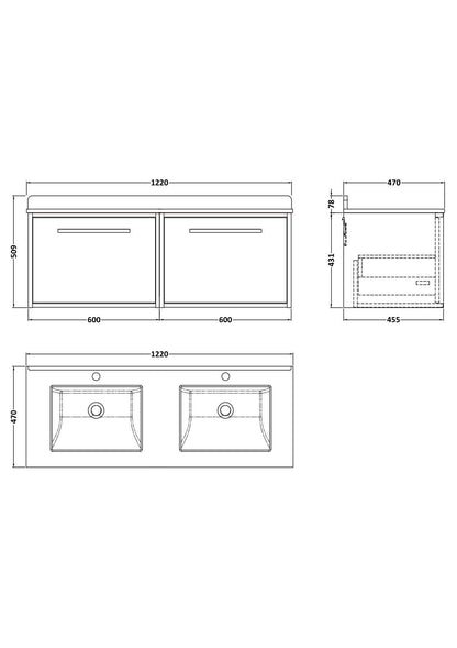 [BFRS3094WS2] Sturbridge Contemporary Wall Hung 2 Drawer 1200mm Vanity Unit with Marble Top and Basin - Choice of Colour - Technical Drawing