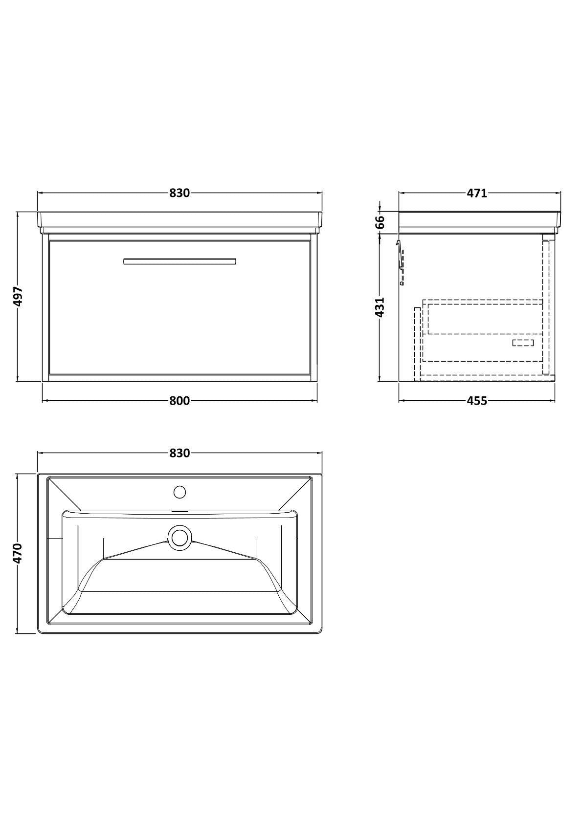 [BFRS3096A] Sturbridge Contemporary Wall Hung 1 Drawer Vanity Unit with Traditional 1 Tap Hole Fireclay Basin - Choice of Size and Colour - Technical Drawing