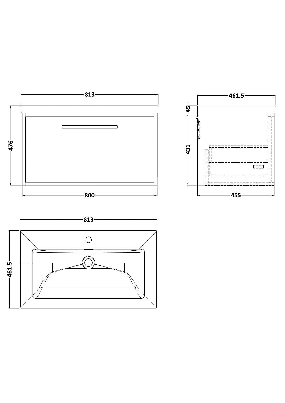 [BFRS3096L] Sturbridge Contemporary Wall Hung 1 Drawer Vanity Unit with 1 Tap Hole Contemporary Fireclay Basin - Choice of Size and Colour - Technical Drawing
