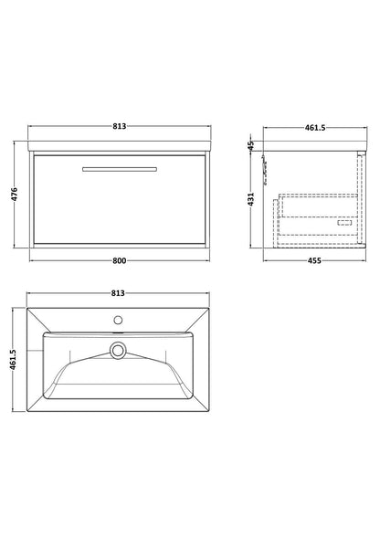 [BFRS3096L] Sturbridge Contemporary Wall Hung 1 Drawer Vanity Unit with 1 Tap Hole Contemporary Fireclay Basin - Choice of Size and Colour - Technical Drawing