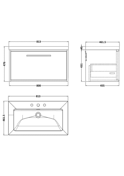 [BFRS3096M] Sturbridge Contemporary Wall Hung 1 Drawer Vanity Unit with 3 Tap Hole Fireclay Basin - Choice of Size and Colour - Technical Drawing