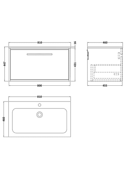 [BFRS3096P] Sturbridge Contemporary Wall Hung 1 Drawer Vanity Unit with Stone Basin - Choice of Size and Colour - Technical Drawing