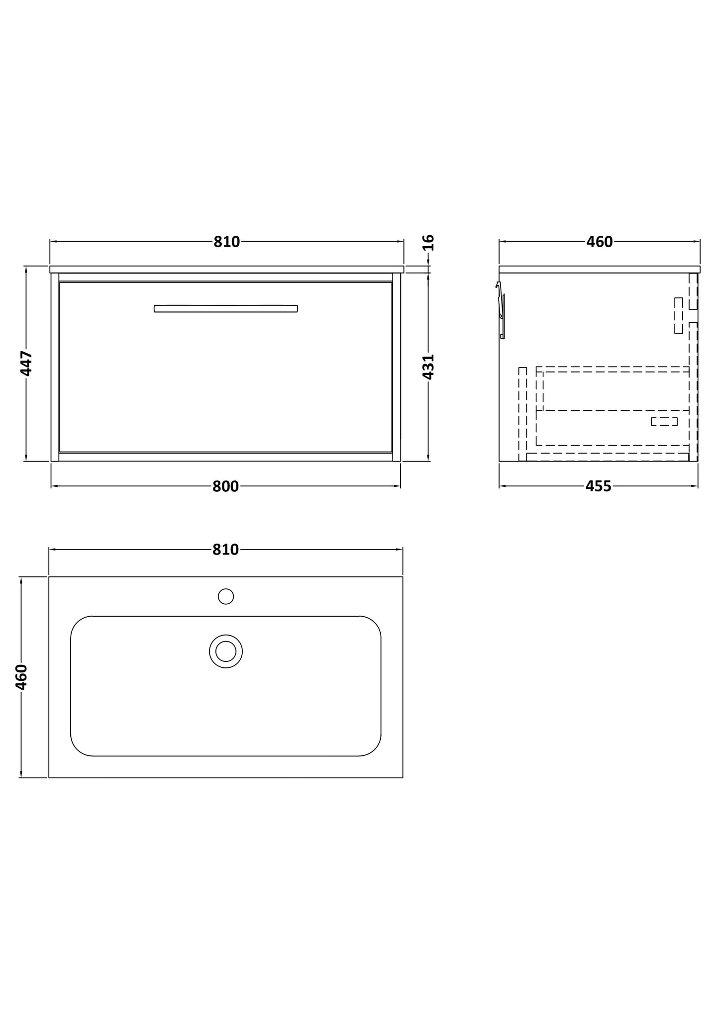 [BFRS3096Q] Sturbridge Contemporary Wall Hung 1 Drawer Vanity Unit with Carrera Marble Stone Basin - Choice of Size and Colour - Technical Drawing