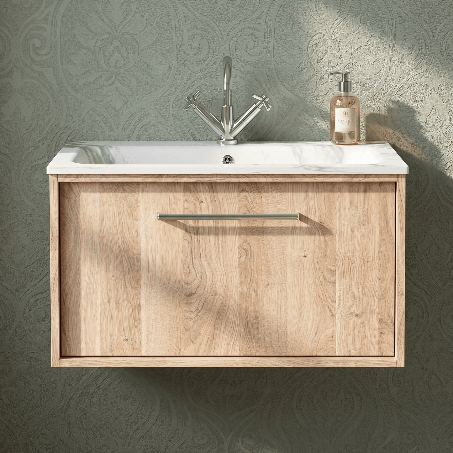 [BFRS3096Q] Sturbridge Contemporary Wall Hung 1 Drawer Vanity Unit with Carrera Marble Stone Basin - Choice of Size and Colour - Silo