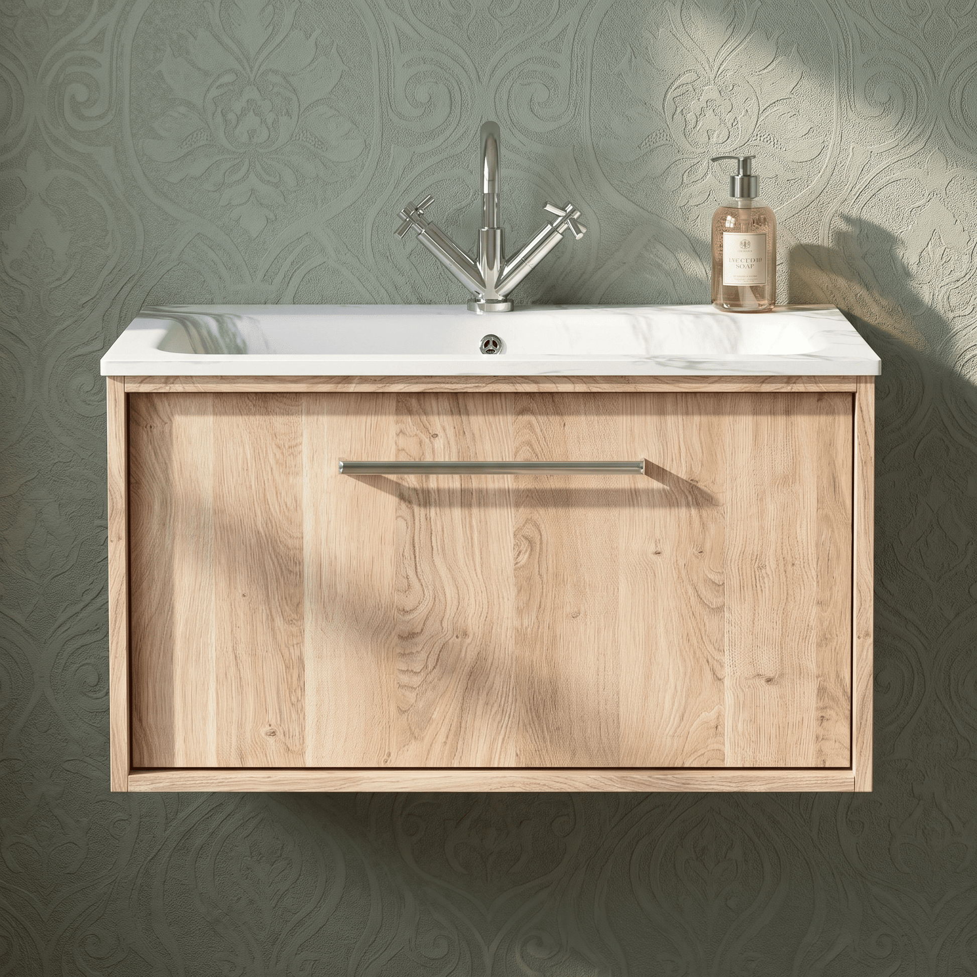 [BFRS3096Q] Sturbridge Contemporary Wall Hung 1 Drawer Vanity Unit with Carrera Marble Stone Basin - Choice of Size and Colour - Silo