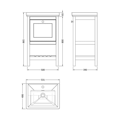 [BFRY123A] Balterley Rye Bathroom Floor Standing 1 Drawer Vanity & 1 Tap Hole Basin, Pure White, 531mm - Technical Drawing