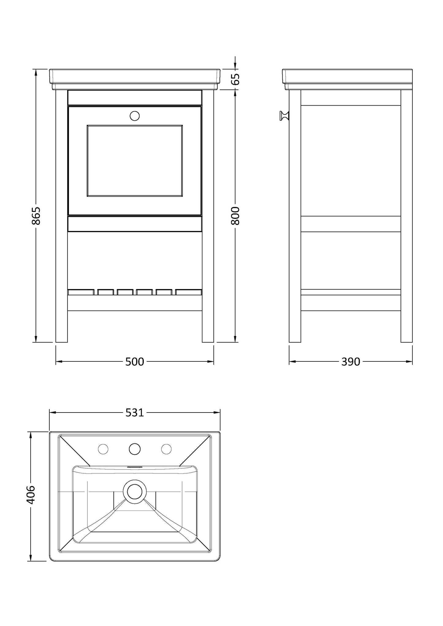 [BFRY123B] Coppenhall Traditional 1 Drawer Floor Standing Vanity Unit with 3 Tap Hole Fireclay Basin, Choice of Size and Finish - Technical Drawing