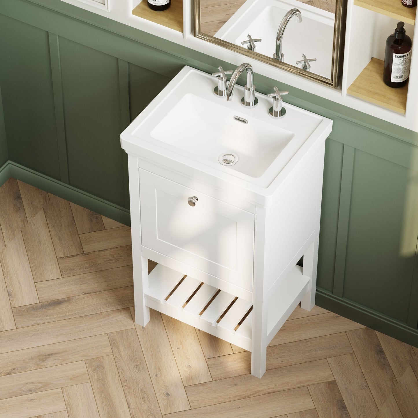 [BFRY123B] Coppenhall Traditional 1 Drawer Floor Standing Vanity Unit with 3 Tap Hole Fireclay Basin, Choice of Size and Finish - Lifestyle 2